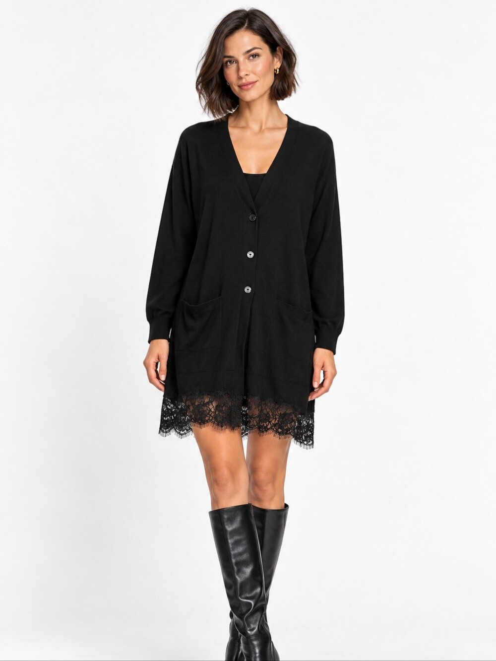 TWINSET Black Lace Trim Cardigan Sweater Dress Large Romantic Goth Button Front